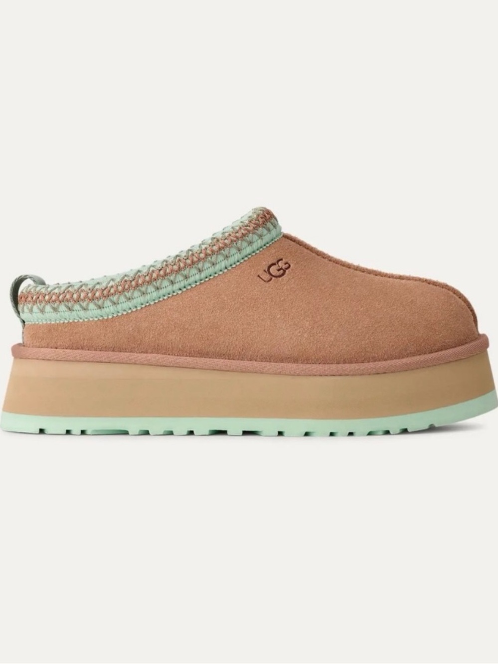 UGG Tazz Platform Chestnut Suede Slip-On Mule with Turquoise Trim